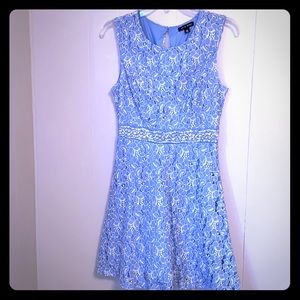 Versatile Blue Dress with Floral Lace Overlay